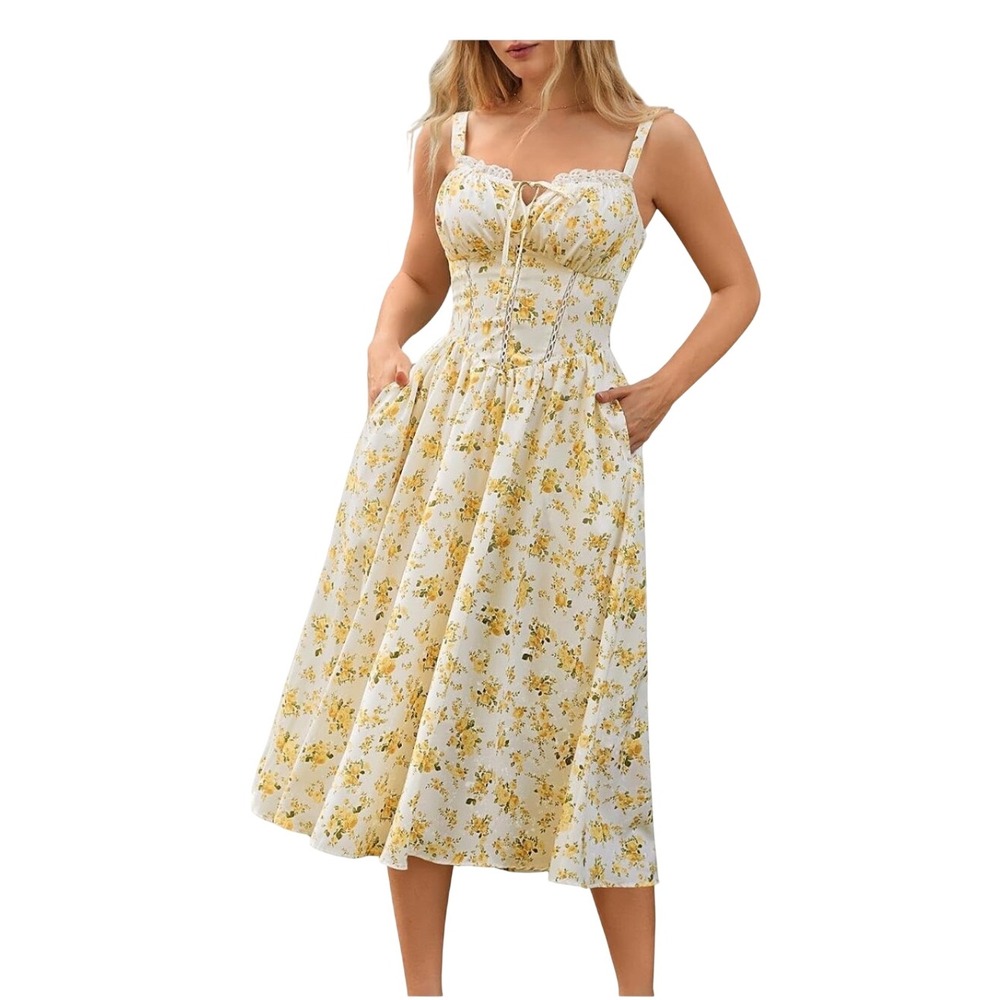 Scarlet Darkness Floral milk maid Midi Dress XL Yellow Cottagecore Lace Corset